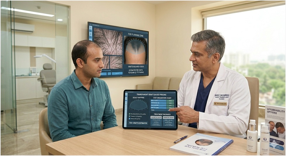 Hair transplant cost comparison in Navi Mumbai showing pricing factors and graft-based treatment estimates.
