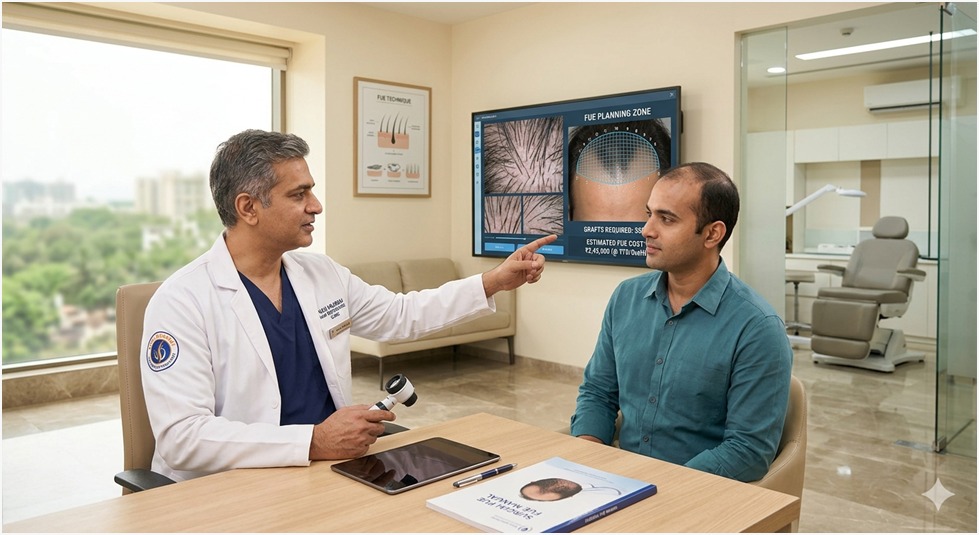 Hair transplant cost consultation in Navi Mumbai with surgeon assessing graft requirements and treatment plan.
