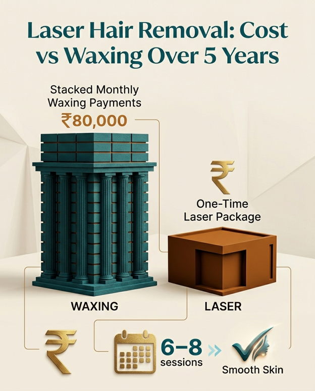 Infographic comparing full body laser hair removal cost in Navi Mumbai with five years of waxing