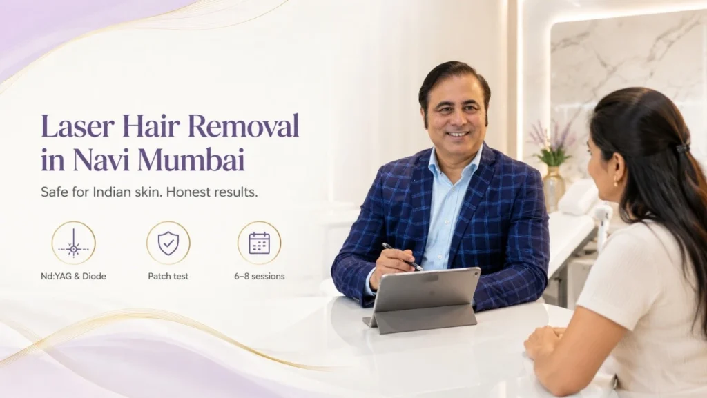 Laser hair removal with a cooled diode laser at a doctor-led clinic in Navi Mumbai