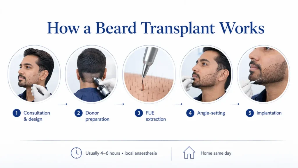 Steps of a beard transplant procedure including FUE extraction and implantation