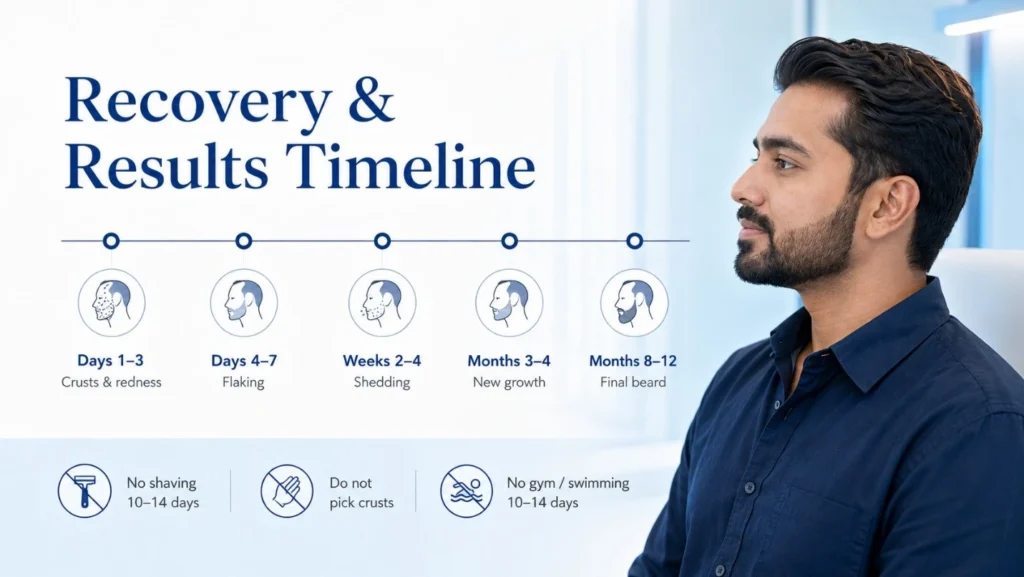 Beard transplant recovery and results timeline from healing to final growth