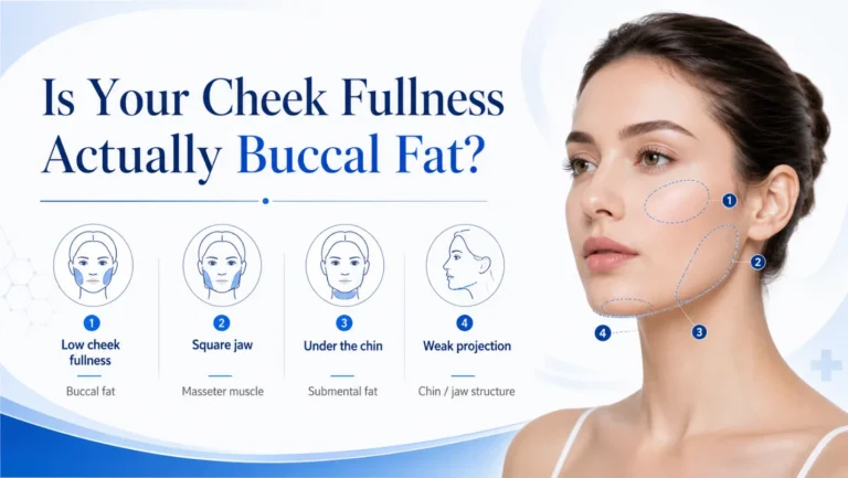Illustration showing buccal fat pad and causes of cheek fullness