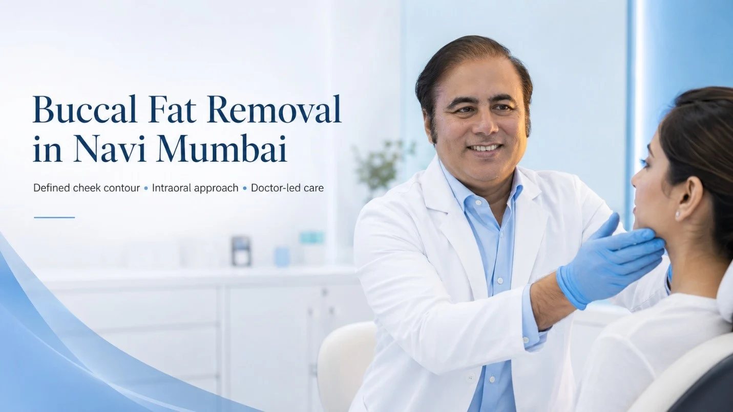 Dr. Arun Panda performing a buccal fat removal consultation in Navi Mumbai