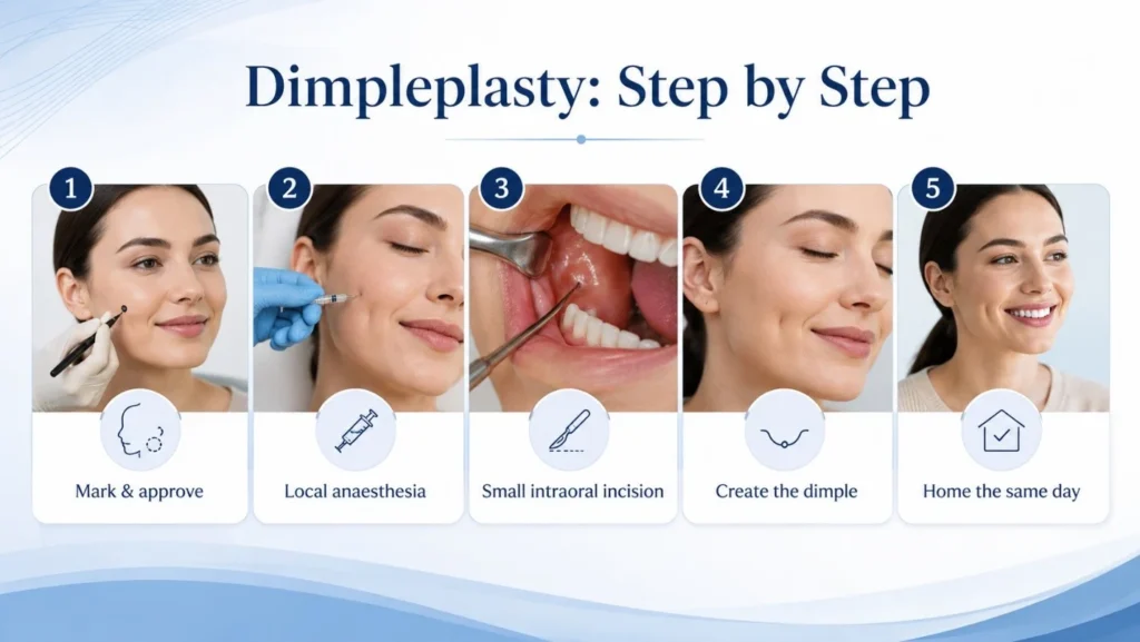 Step-by-step illustration of dimpleplasty from marking and local anaesthesia through the intraoral approach and creation of the dimple.