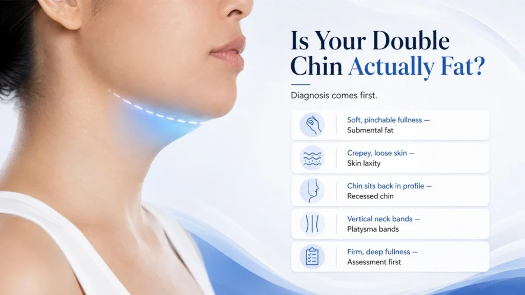 Infographic showing different causes of a double chin and how to identify them