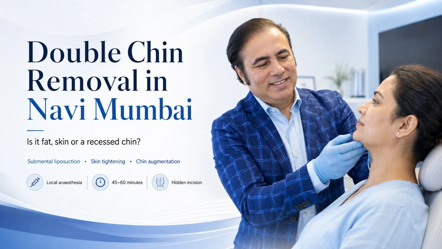 Surgeon assessing chin and jawline contour before double chin removal in Navi Mumbai