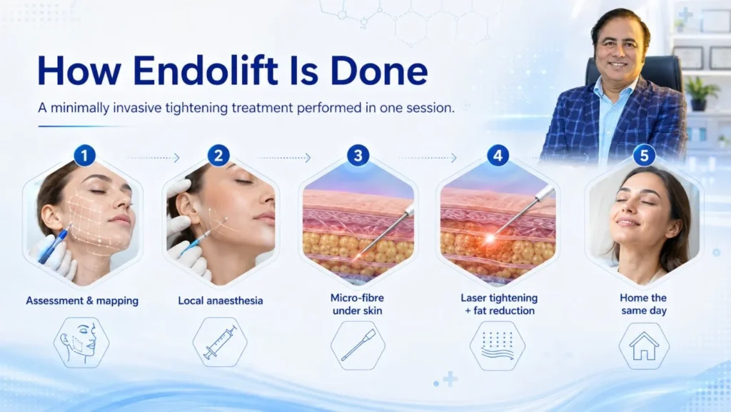 Endolift procedure steps including assessment, local anaesthesia, fibre placement and laser treatment