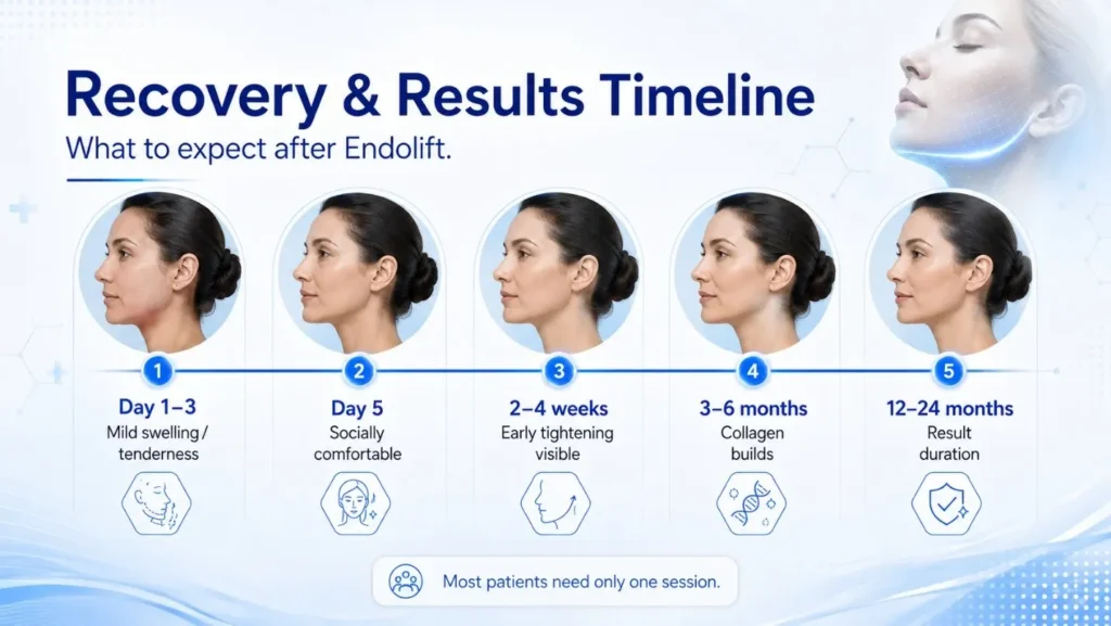 Endolift recovery and results timeline from initial swelling to final collagen improvement