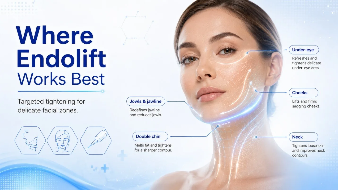Endolift treatment areas including jawline, cheeks, under-eye, double chin and neck