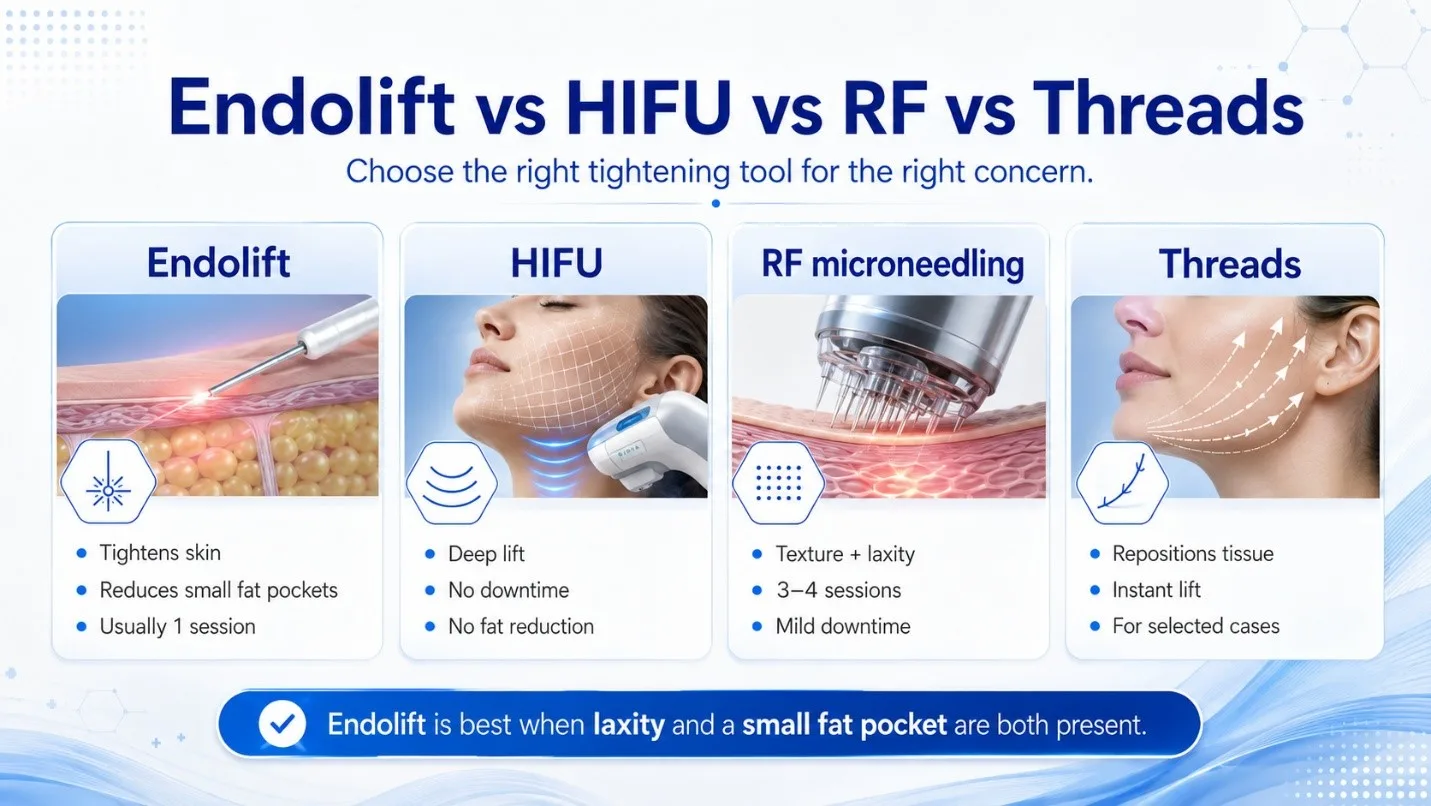 Infographic comparing Endolift with HIFU and RF microneedling for skin tightening