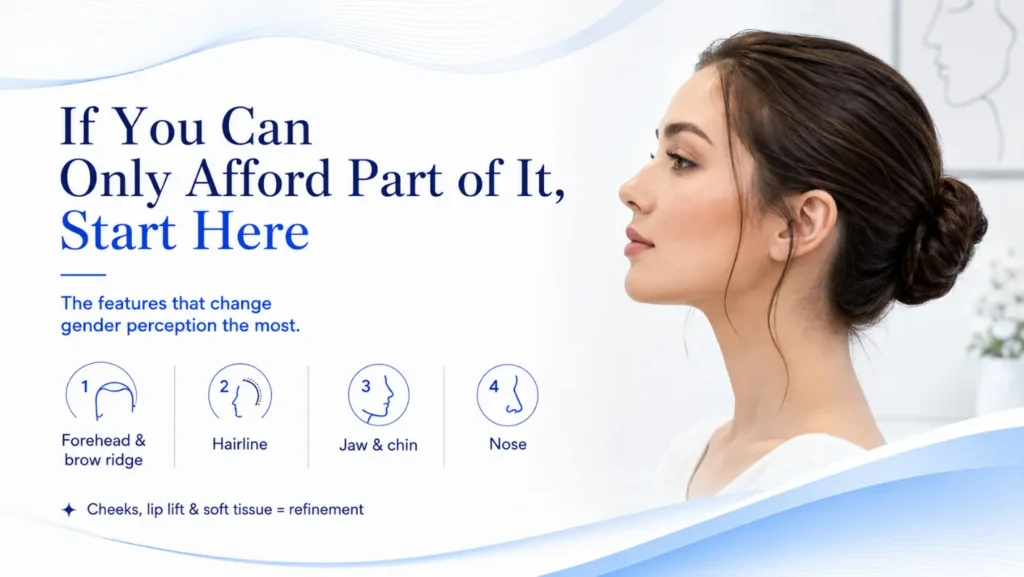 Facial feminization surgery priority guide showing forehead hairline jaw chin and nose