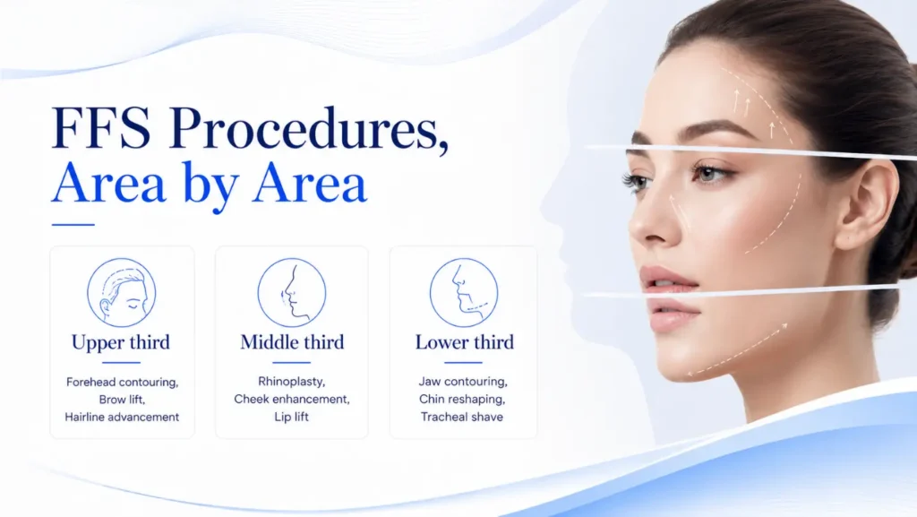 Facial feminization surgery procedures for the upper middle and lower face
