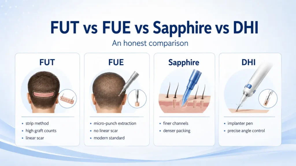 Comparison of FUT FUE Sapphire FUE and DHI hair transplant techniques