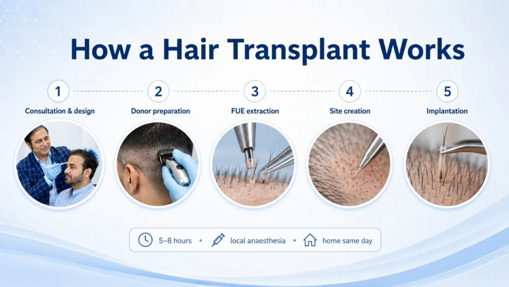 Hair transplant procedure steps from consultation to graft implantation