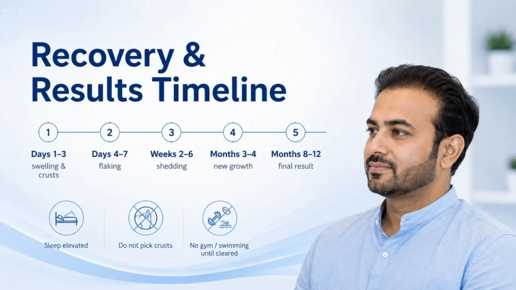 Hair transplant recovery and hair growth timeline from days 1 to 12 months