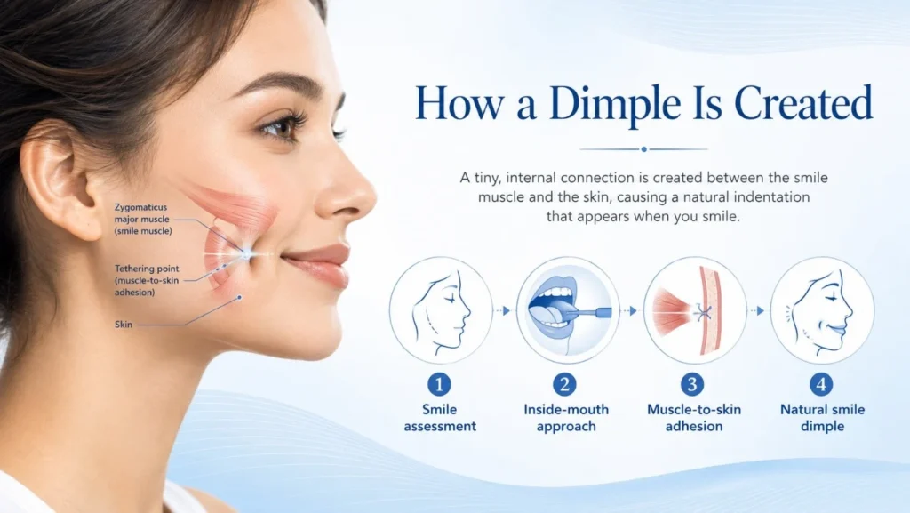 Illustration showing how dimpleplasty creates a cheek dimple