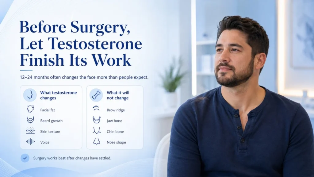 Testosterone effects on facial fat beard growth and skin before FMS